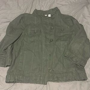 Chico’s Button Front Jacket with 3/4 Length Sleeves Size 1 Medium
Olive Green